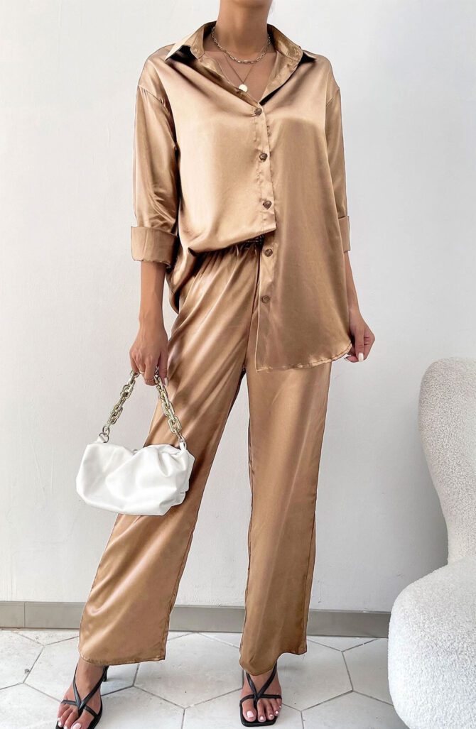 Drop Shoulder Satin Blouse & Pants