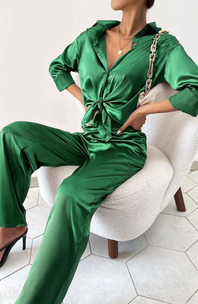 Drop Shoulder Satin Blouse & Pants