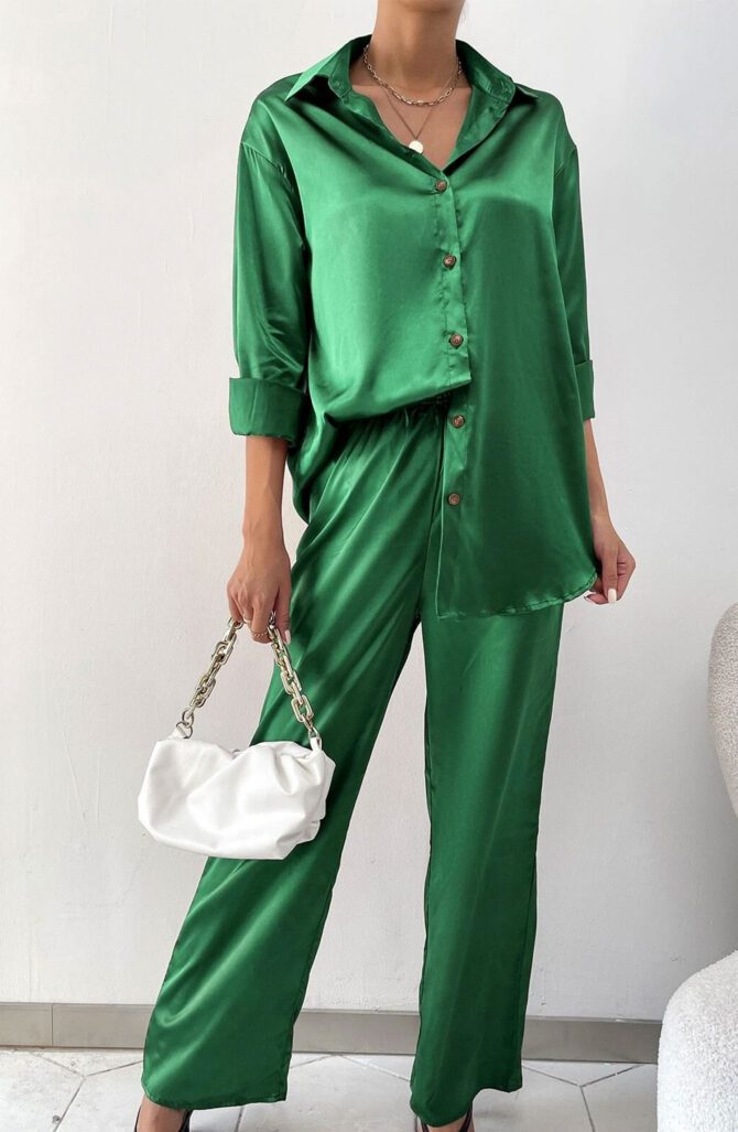 Drop Shoulder Satin Blouse & Pants