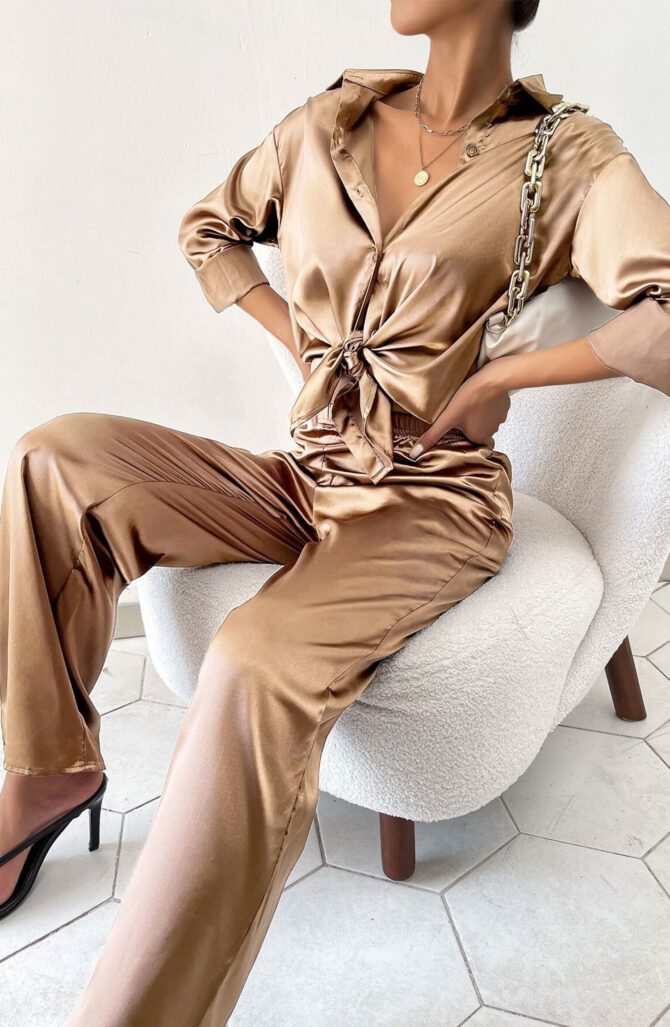 Drop Shoulder Satin Blouse & Pants