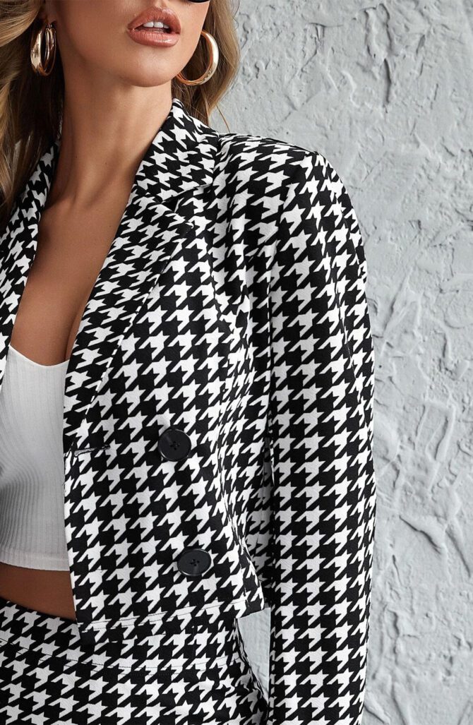 Notched Collar Buttoned Front Houndstooth Blazer & Skirt Set