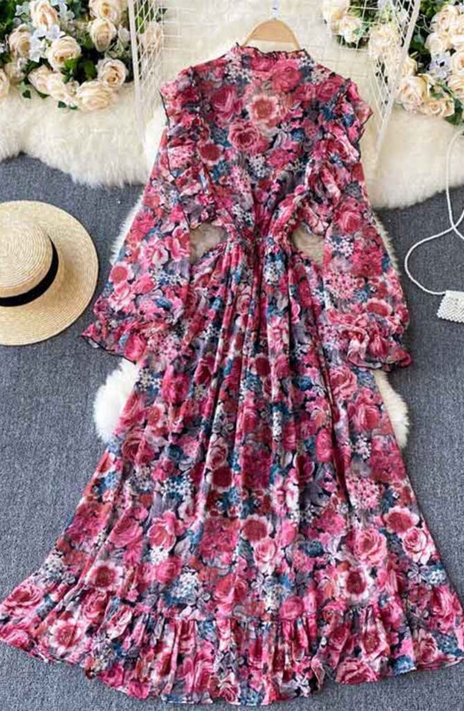 Printed Long Skirt Ruffled Retro Printed Dress