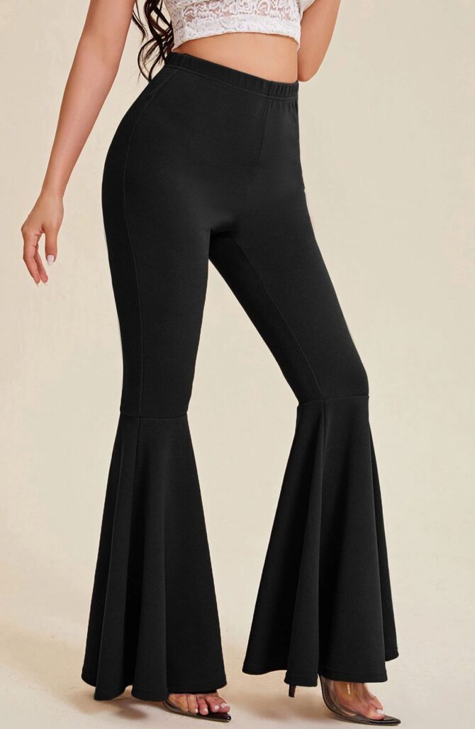 Solid Elastic Waist Flare Leg Pants