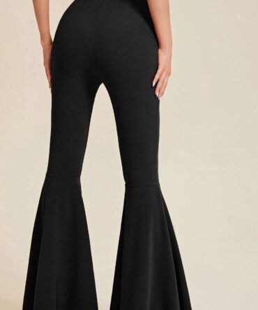 Solid Elastic Waist Flare Leg Pants