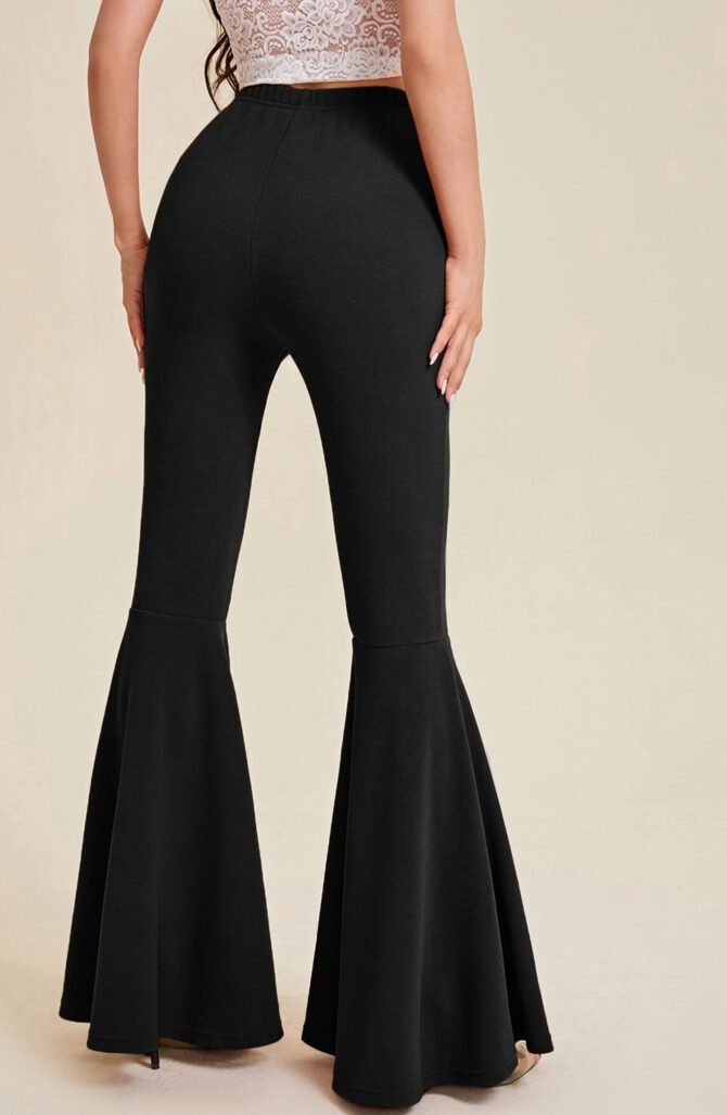 Solid Elastic Waist Flare Leg Pants