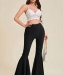 Solid Elastic Waist Flare Leg Pants