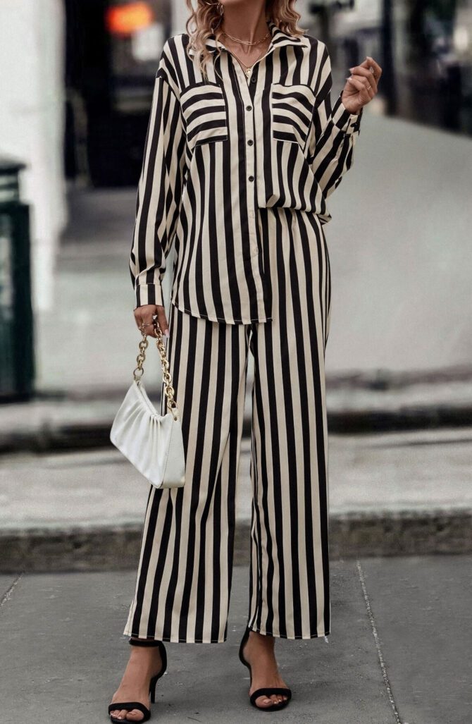 Striped Print Drop Shoulder Shirt & Pants