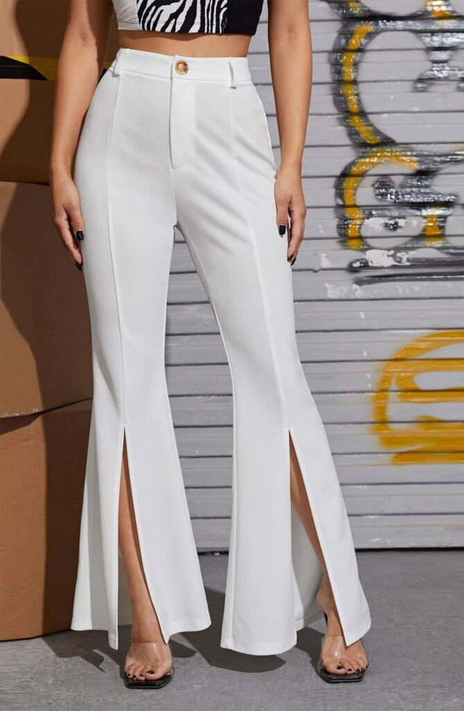 Zipper Fly Seam Split Front Flare Leg Pants