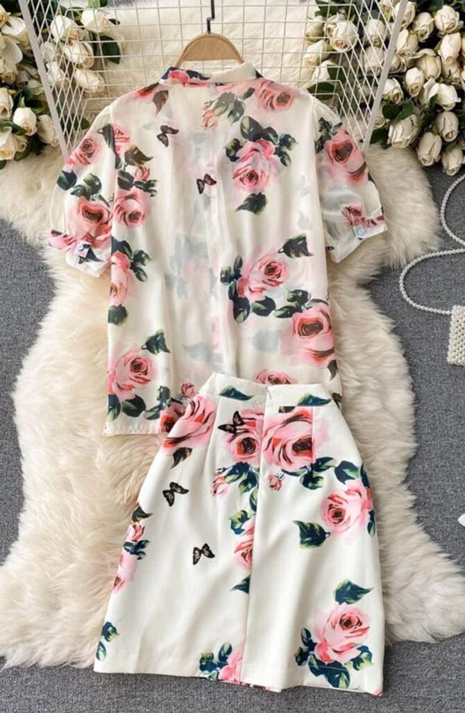 Short-Sleeve Floral Top with Line Skirt