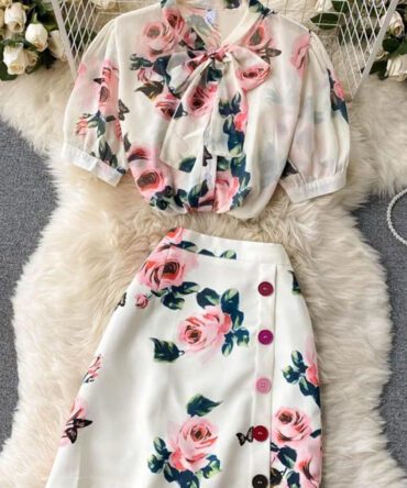 Short-Sleeve Floral Top with Line Skirt