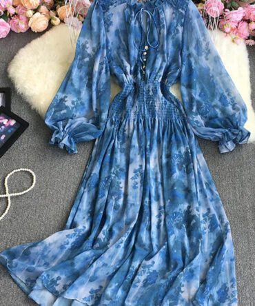 Collar Neck Waist Long Sleeves Swing Sexy Elegant Dress