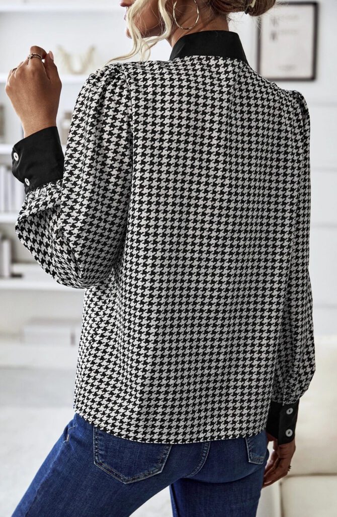 Houndstooth Print Tie Neck Blouse