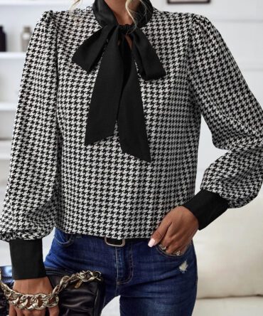 Houndstooth Print Tie Neck Blouse