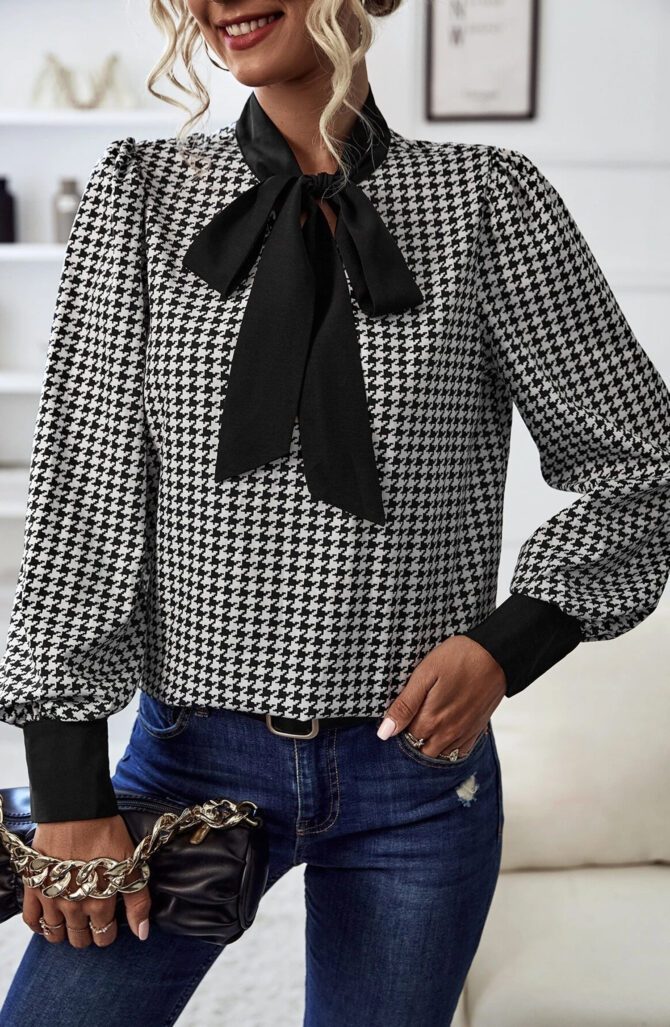 Houndstooth Print Tie Neck Blouse