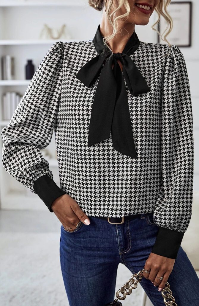 Houndstooth Print Tie Neck Blouse