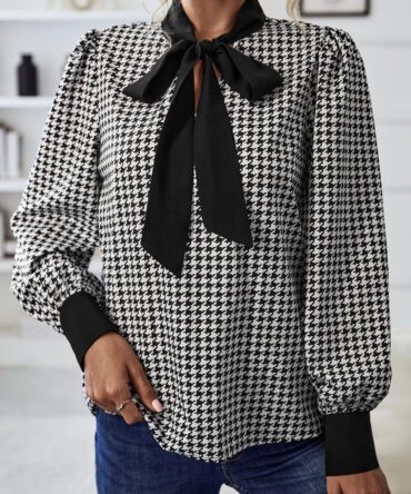 Houndstooth Print Tie Neck Blouse