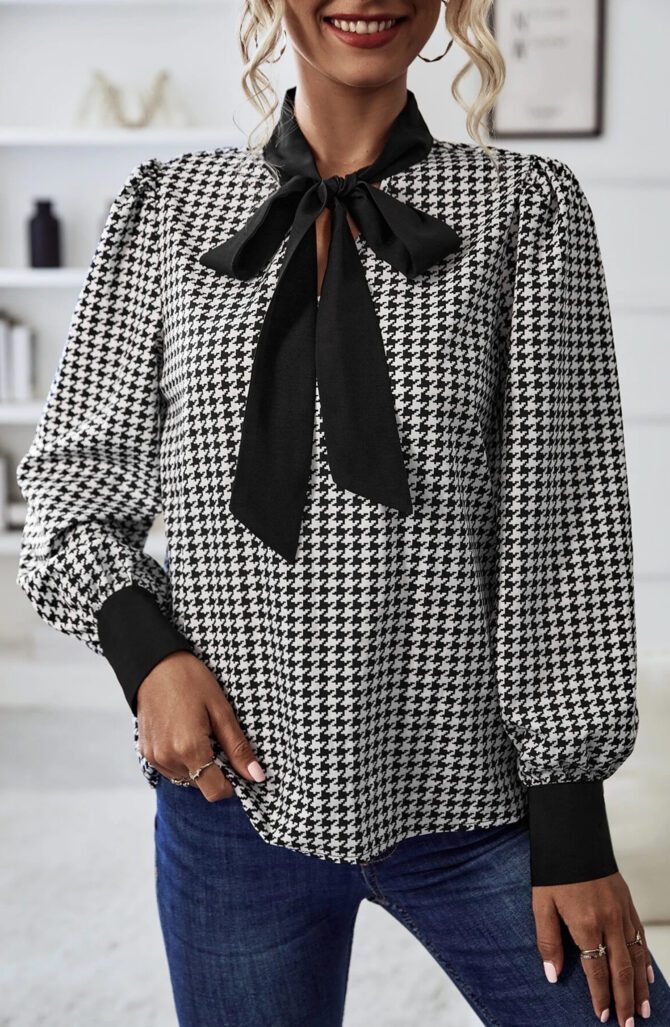 Houndstooth Print Tie Neck Blouse