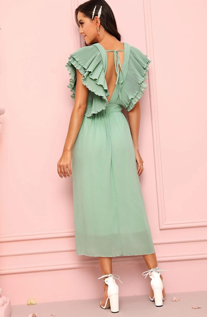 Solid Ruffle Sleeve Plunging Dress