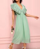 Solid Ruffle Sleeve Plunging Dress