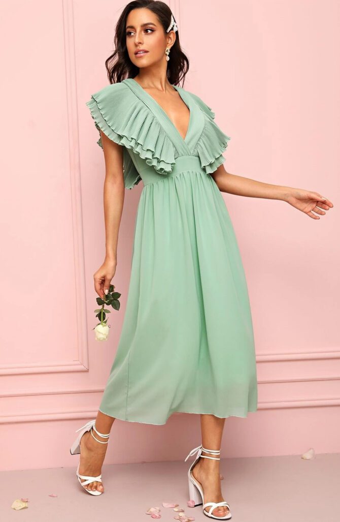 Solid Ruffle Sleeve Plunging Dress