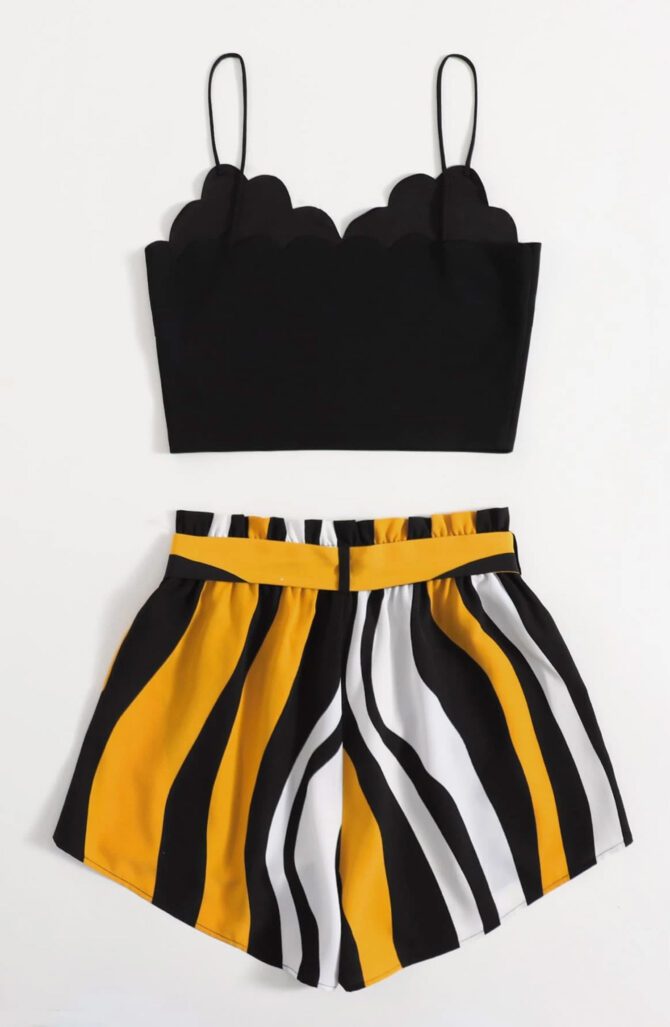 Trim Cami Top & Paperbag Waist Striped Shorts