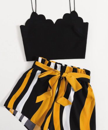 Trim Cami Top & Paperbag Waist Striped Shorts