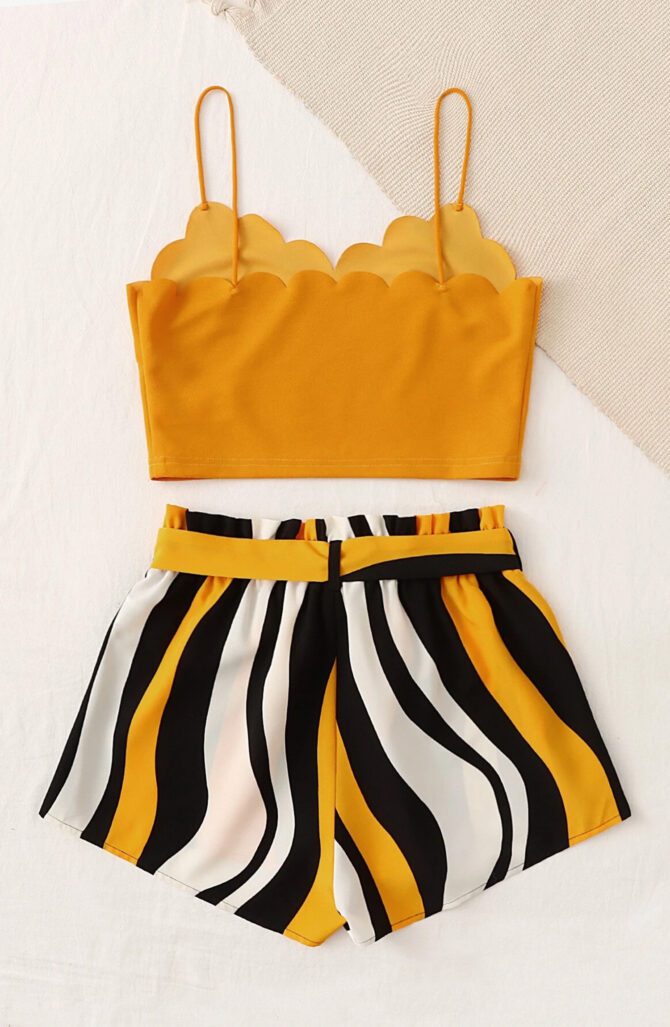 Trim Cami Top & Paperbag Waist Striped Shorts